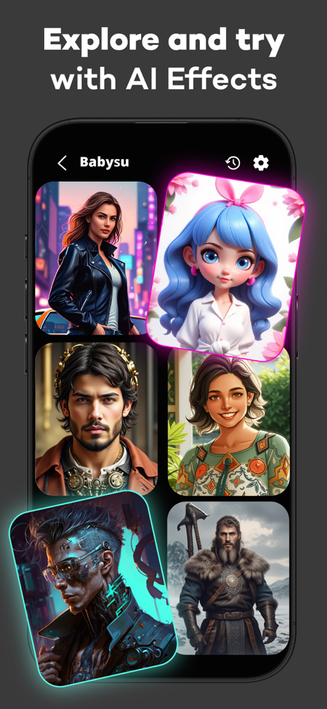 Smartphone screen showing diverse AI generated portrait effects and character avatars in the BabySu app.