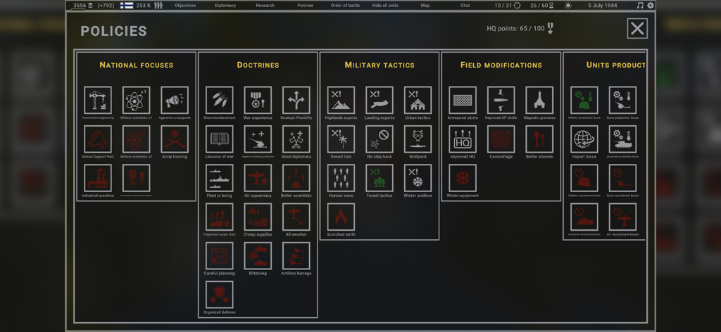 Hex of Steel - A detailed strategy menu in Hex of Steel showing national focuses doctrines and military tactics for WWII command
