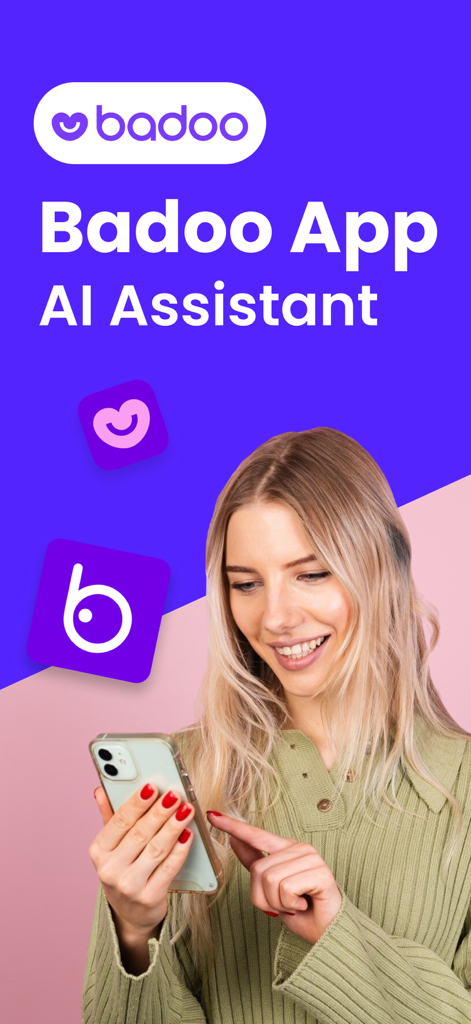 AI Dating Assistant: Badoo - A smiling woman using her smartphone next to the text Badoo App AI Assistant