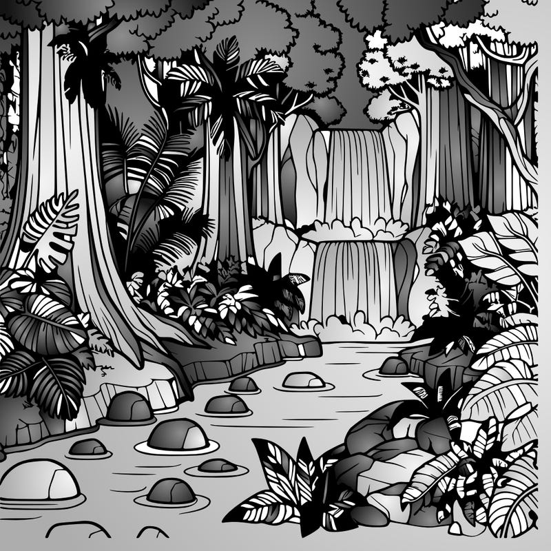 rainforest with exotic plants, waterfall