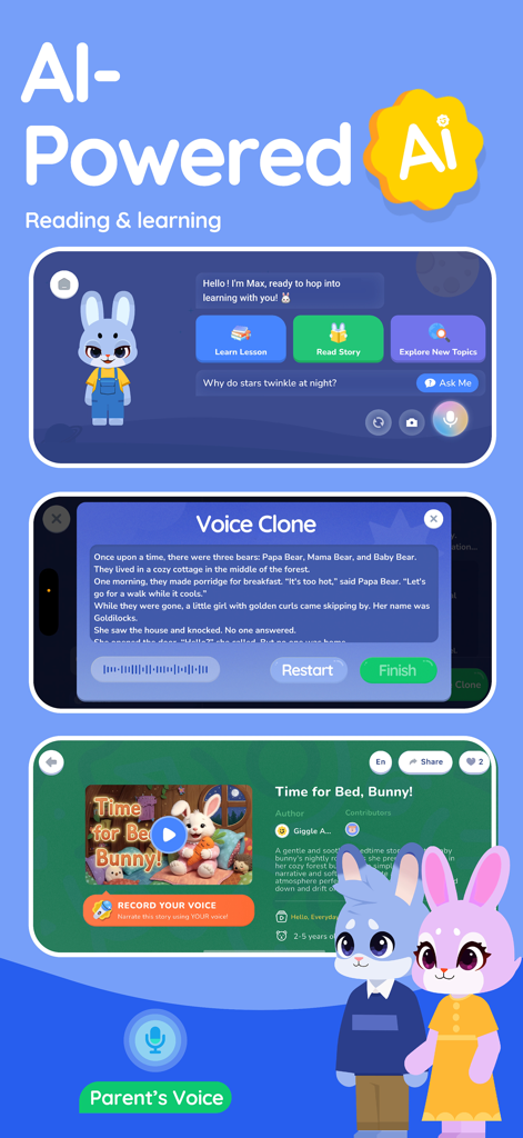 Giggle Academy - Play & Learn - Interfaz de la aplicación Giggle Academy que muestra lecciones de lectura impulsadas por IA y funciones de clonación de voz para padres para el aprendizaje de los niños.