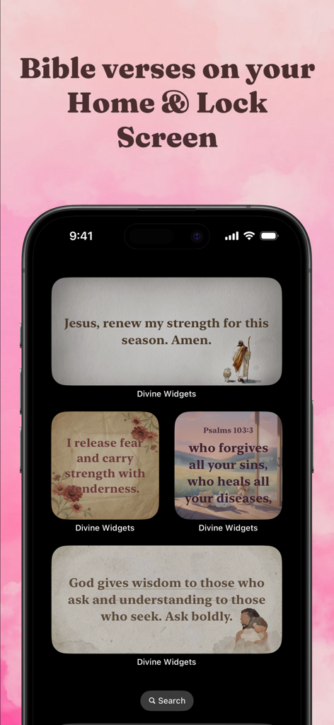 Divine: Bible Widget for Women - Aesthetic Bible verse and affirmation widgets displayed on a smartphone screen.
