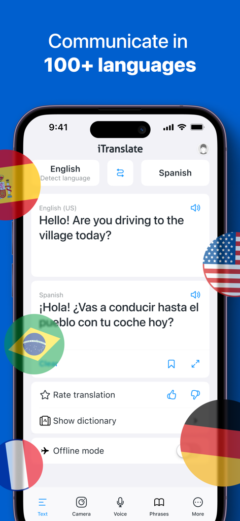 iTranslate Translator app interface showing a text translation from English to Spanish