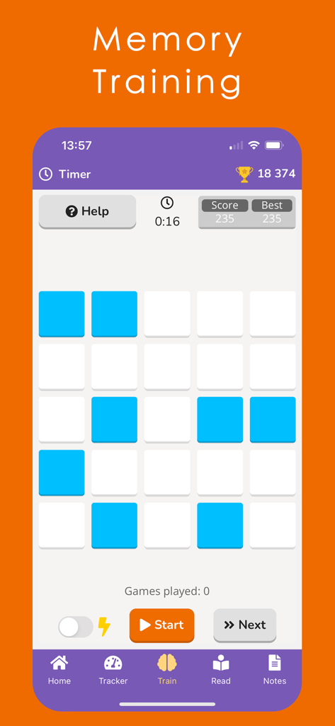 Readlax: Brain Productivity - Readlax app memory training game interface showing a grid of blue and white squares