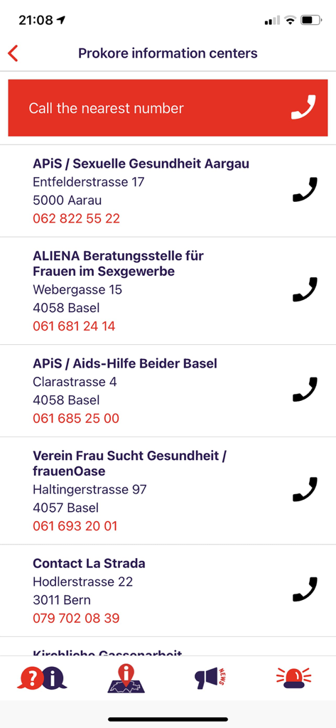 LEXI App - Screenshot of the LEXI app showing a list of support and health information centers with contact details for workers in Switzerland