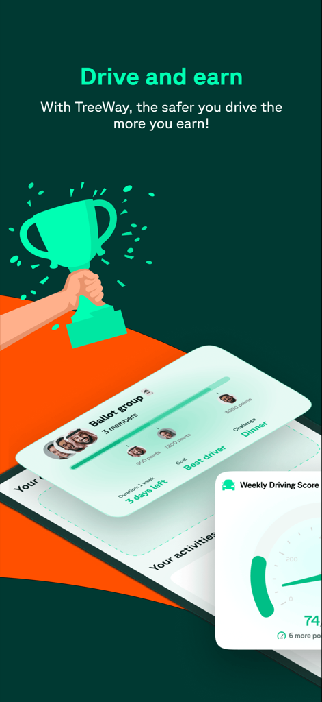 Tree Insurance - Tree Insurance app screen showing the Drive and Earn feature with safe driving rewards and a weekly score gauge