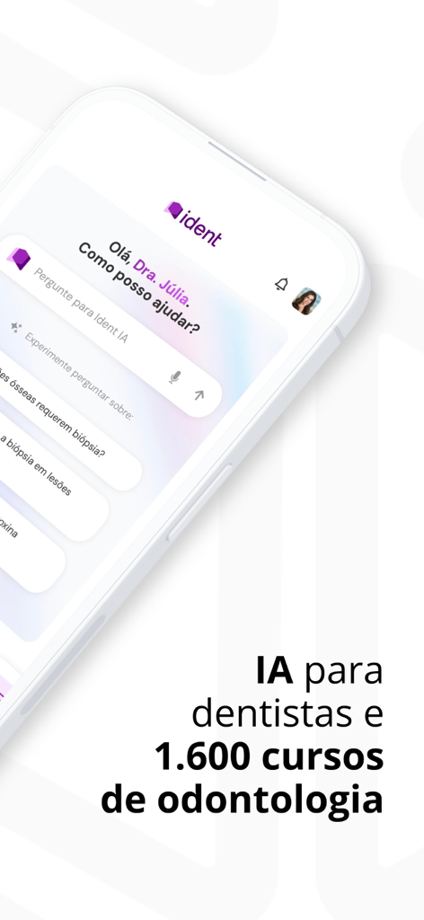 Smartphone displaying Ident app with AI clinical assistant and 1600 dentistry courses