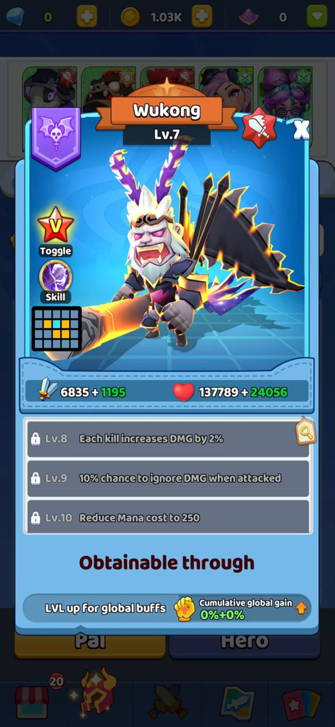 Merge Battle: PvP Arena - Character profile of the level 7 Wukong hero showing attack and health stats in Merge Battle PvP Arena.