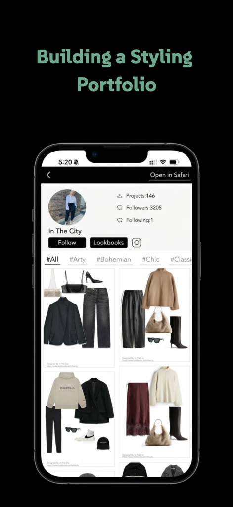 Lookbooks - Express Creativity - Digital styling portfolio page in the Lookbooks app showing curated outfit boards