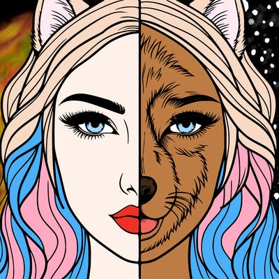 split face realistic woman and wolf