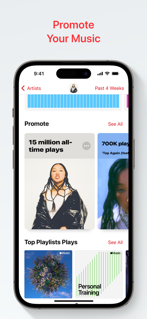 Apple Music for Artists - Interfaz de la app Apple Music para Artistas mostrando hitos de promoción musical y las principales reproducciones en playlists.