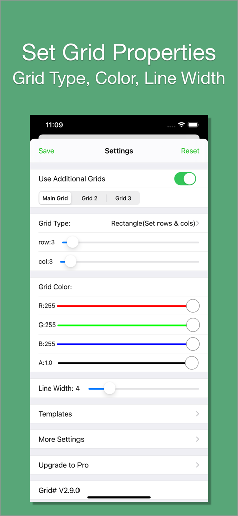 Interface showing settings for grid type, row and column counts, RGB color selection, and line width adjustment.