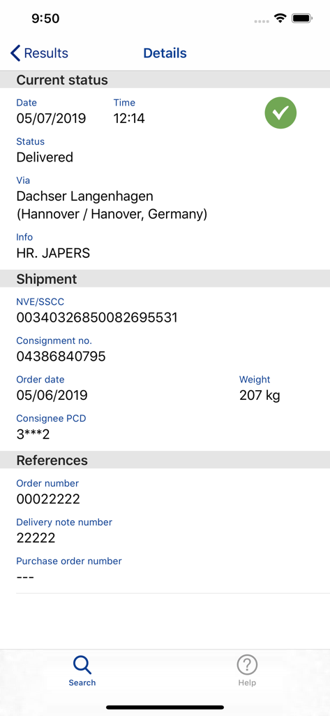 Sendungsdetailbildschirm mit dem Status "Zugestellt" und Tracking-Nummern in der DACHSER shipmentpointer App