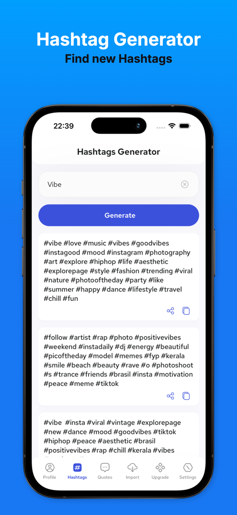 FSaver hashtag generator screen showing trending tags for social media posts