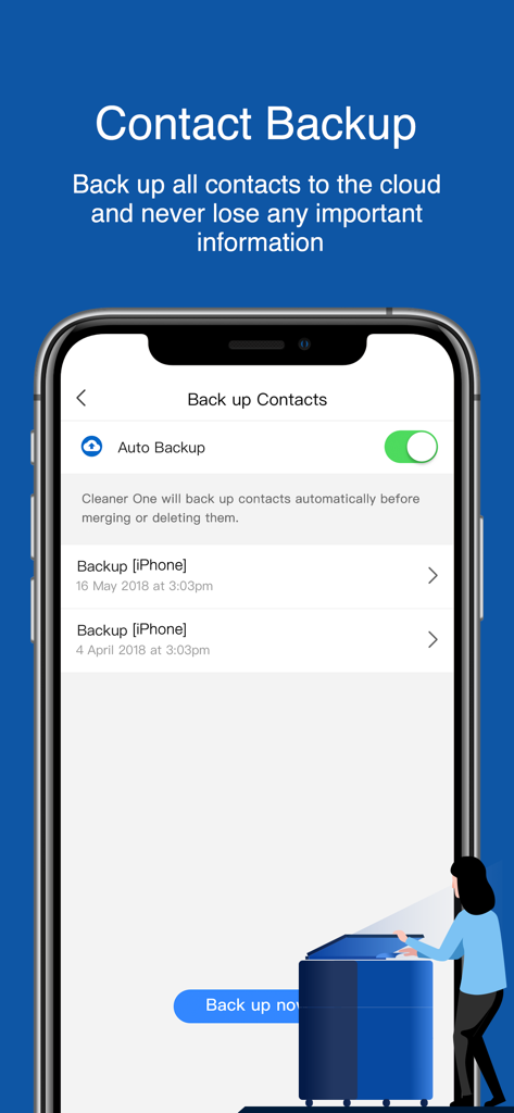 Cleaner One - Clean Storage - Screenshot der Cleaner One App-Oberfläche zur Sicherung von iPhone-Kontakten in der Cloud.