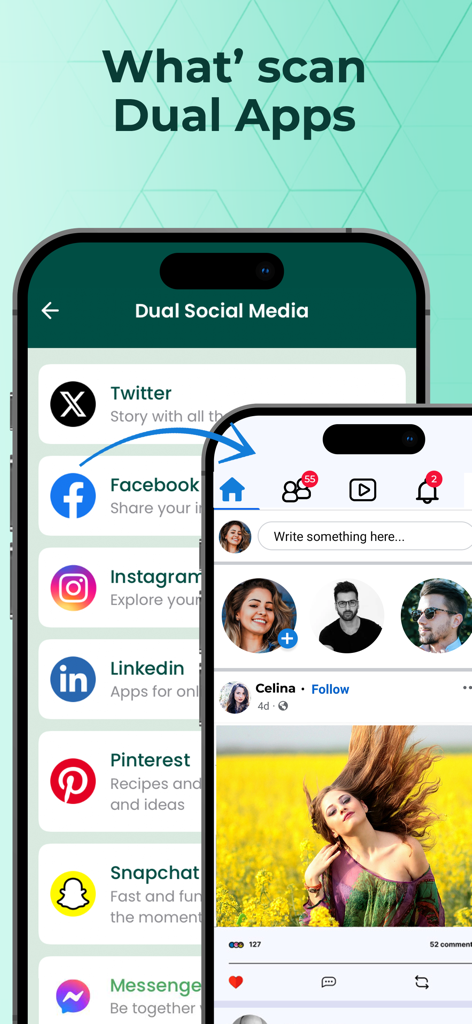 Whatscan - Whats Scan Web - Whatscan app interface showing the Dual Social Media feature to manage multiple social accounts on one device