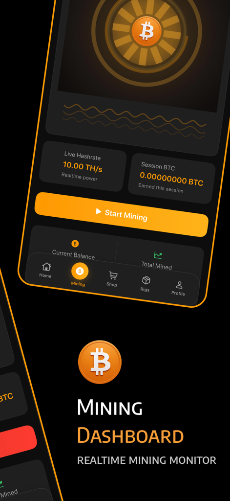 BTC Miner · Bitcoin Mining - Realtime mining monitor dashboard of the BTC Miner app featuring live hashrate and a start mining button
