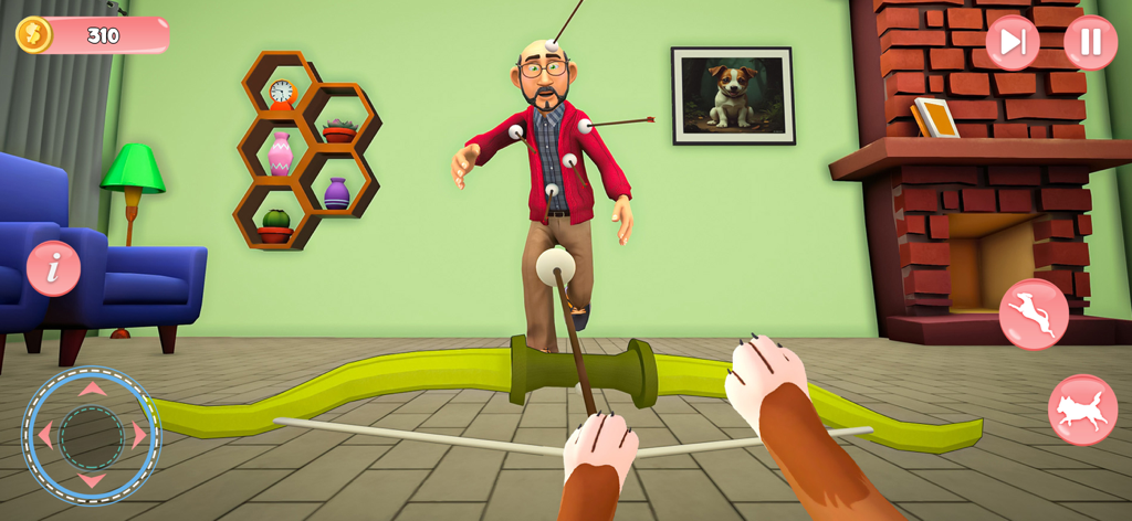 Vista en primera persona de un perro sosteniendo un arco y una flecha en una escena de sala de estar