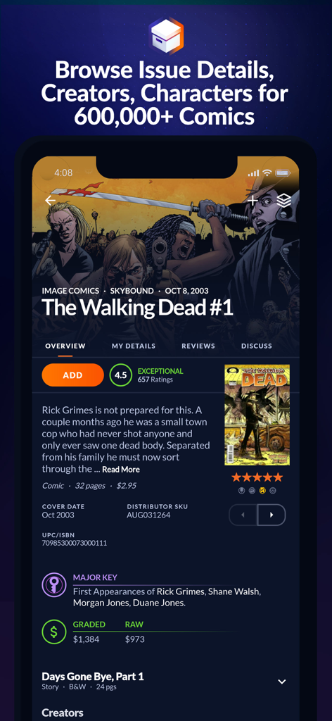 Comic Geeks App-Oberfläche mit Details zur Ausgabe von The Walking Dead #1, einschließlich Marktwert und ersten Auftritten von Charakteren