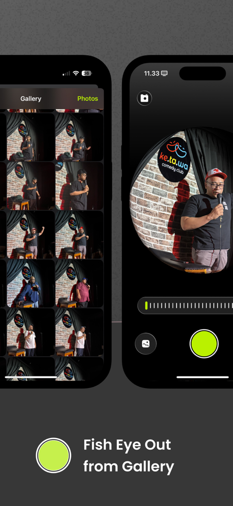 FishLens: A Fish Eye Camera - Smartphone screens displaying the FishLens app gallery and a photo with a circular fisheye lens distortion.