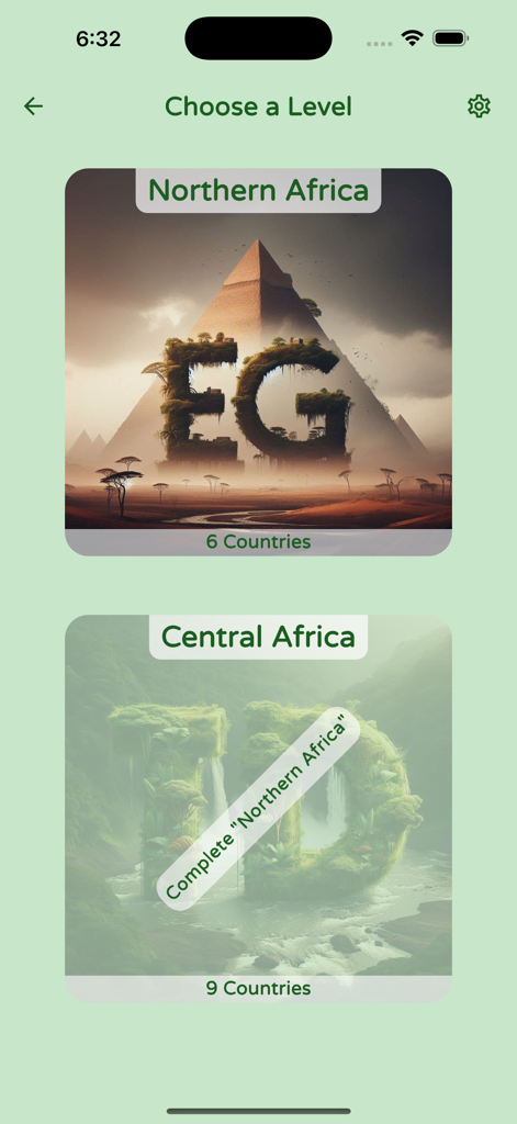 Schermata di selezione del livello nell'app Quiz sull'Africa che mostra le regioni del Nord e Centro Africa