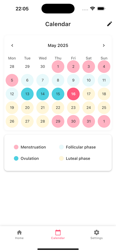 Interfaccia del calendario del ciclo di Luna Flow che mostra le fasi del ciclo codificate a colori