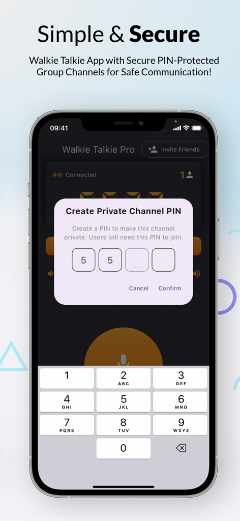 Group Talks: Walkie Talkie Pro - Interface of the Walkie Talkie Pro app showing the creation of a secure PIN for a private communication channel