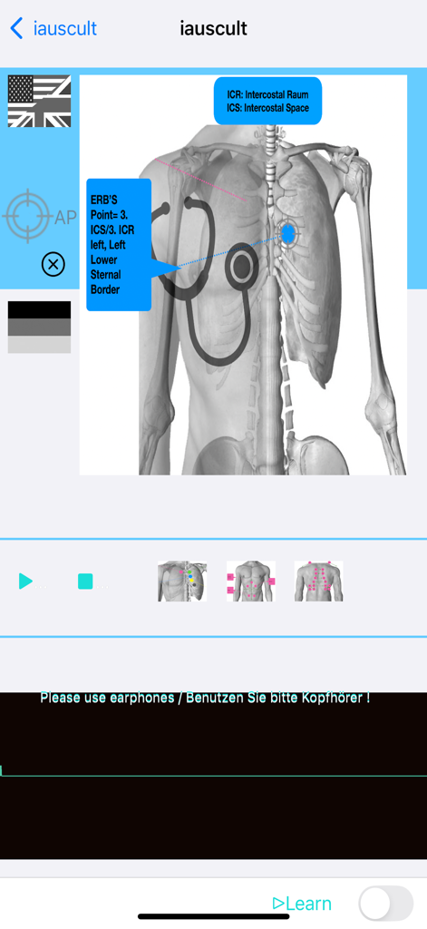 医学聴診トレーニングのためのErb点での聴診器の配置を示すiauscultアプリの解剖学的図。
