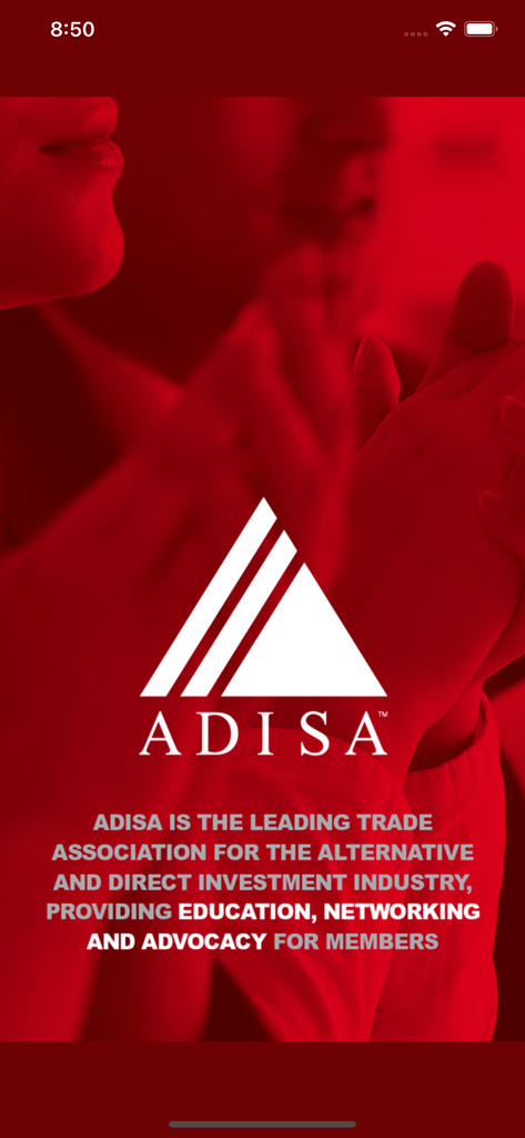 ADISA Conferences app splash screen showing the organization logo and mission statement on a red background