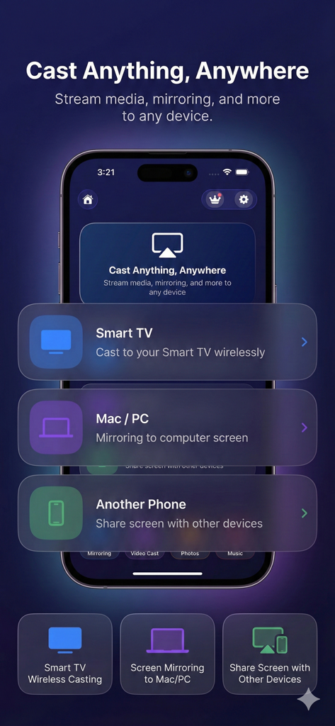AirPlay Cast app interface showing options to wirelessly mirror screen to a Smart TV, Mac, or PC