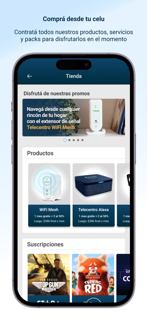 Telecentro Sucursal Virtual - Interface of the Telecentro app store section showing products like WiFi Mesh and movie subscriptions.