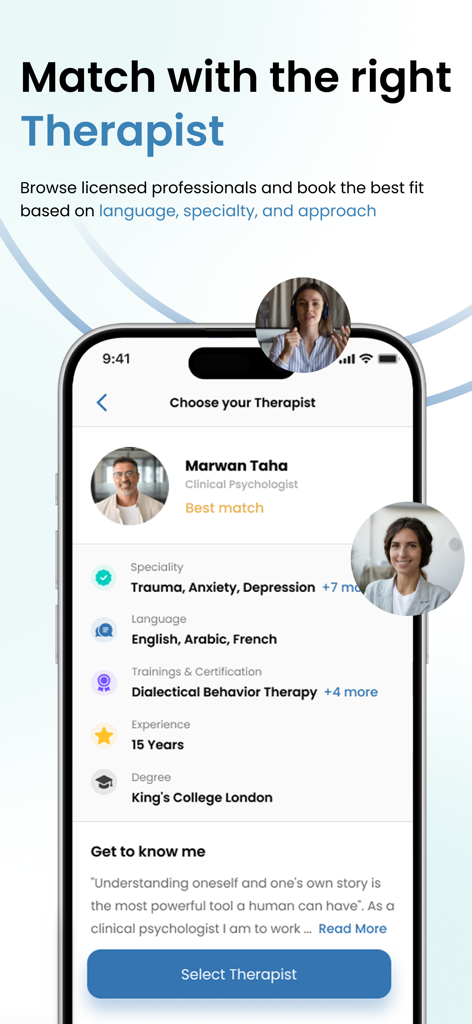 Talktime app interface for selecting a licensed therapist showing professional credentials and language options