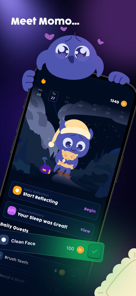 Self-Care Pet: Momo - A screenshot of the Self-Care Pet Momo app interface showing a cute purple creature character and a list of daily quests like cleaning face and brushing teeth.
