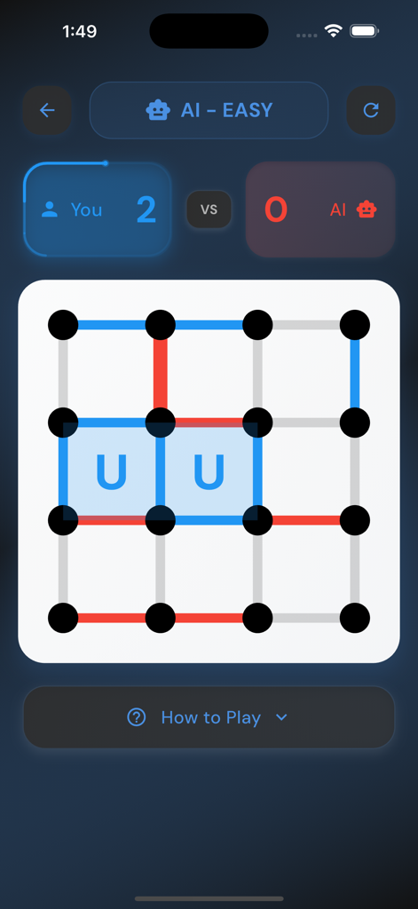 Dot & Box: Line Connect Puzzle - Interfaccia del gioco puzzle Dot and Box che mostra il giocatore in vantaggio 2 a 0 contro l'IA facile