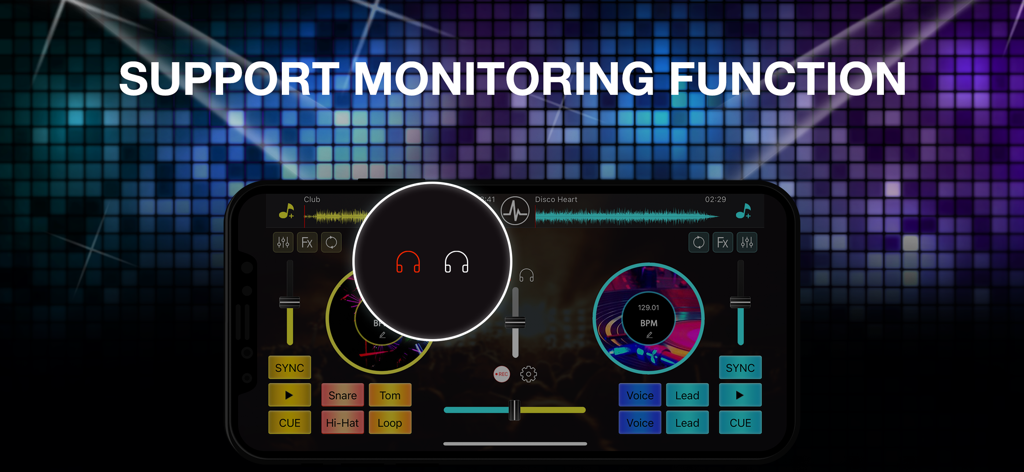 Interfaz de la aplicación DJ Mixer Studio Pro destacando la función de monitoreo de música con iconos de auriculares