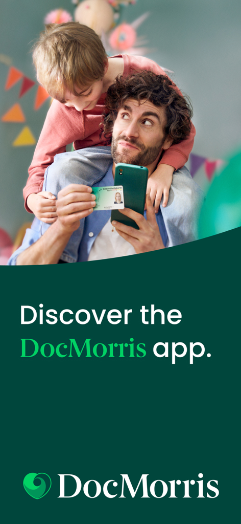 A father scanning a health insurance card using the DocMorris app while holding his child