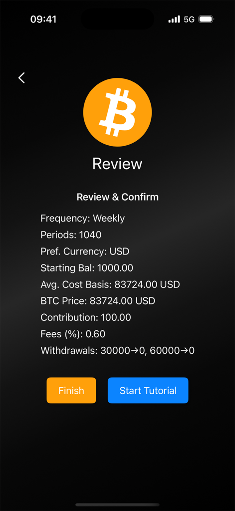 頻度や開始残高などのシミュレーション設定と、レビューと確認のタイトルを示すBitcoin Simアプリの概要画面