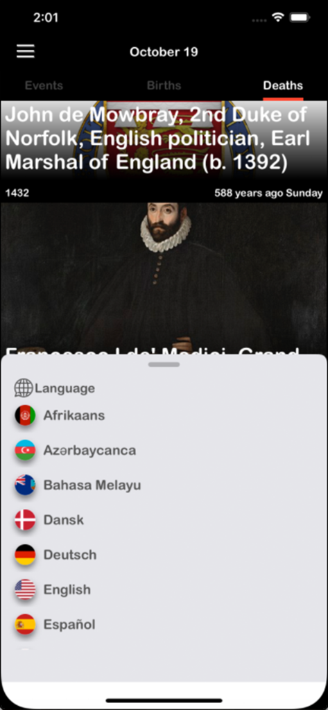 Language selection menu in the History app showing various flags and language options