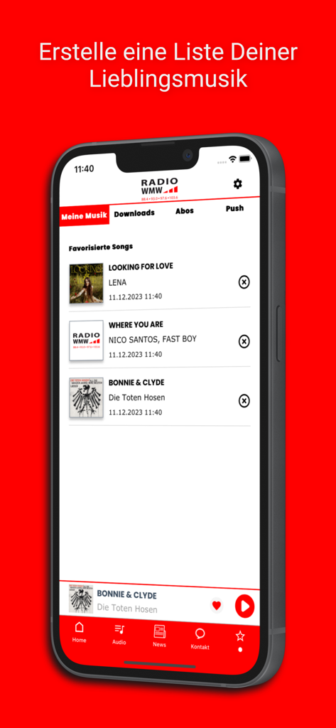 Smartphone-Bildschirm zeigt die Liste der Lieblingssongs der Radio WMW App mit deutschen Musiktiteln