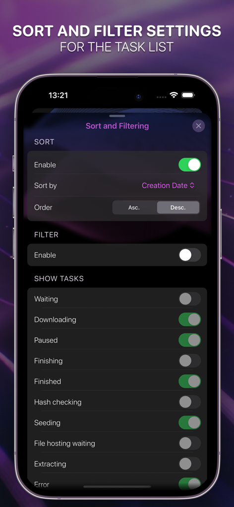 NASDL Manager - Sort and filter settings for download tasks in NASDL Manager