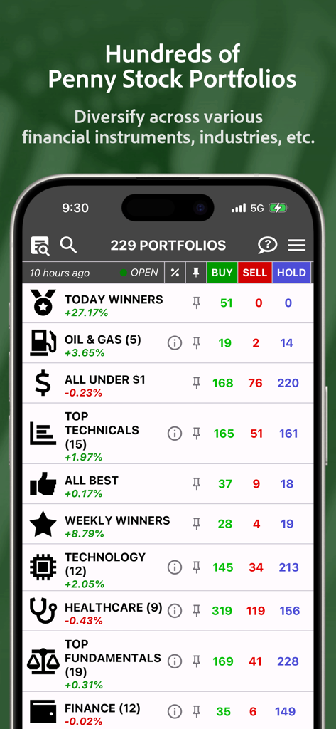 PennyGems mobile app interface showing a list of various penny stock portfolios including winners, industries like tech and healthcare, and buy sell signals