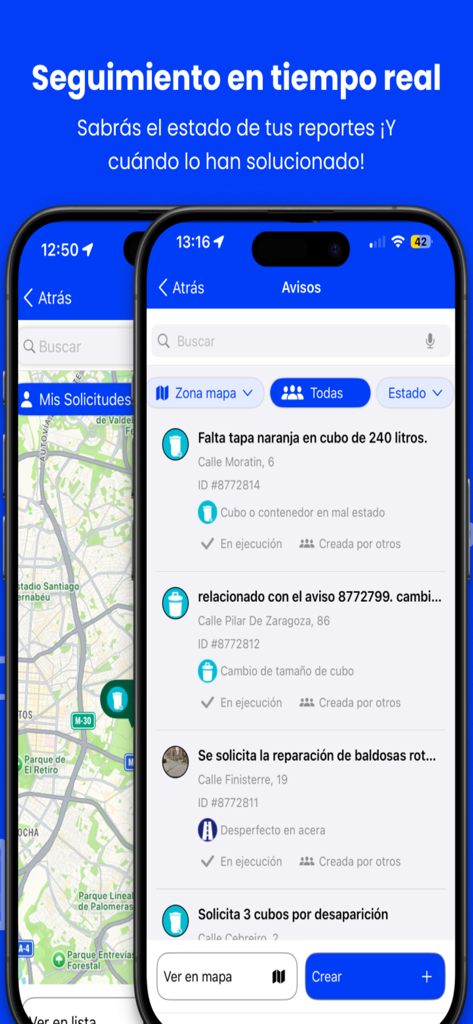 Madrid Movil app interface displaying real time tracking of reported city incidents and maintenance requests