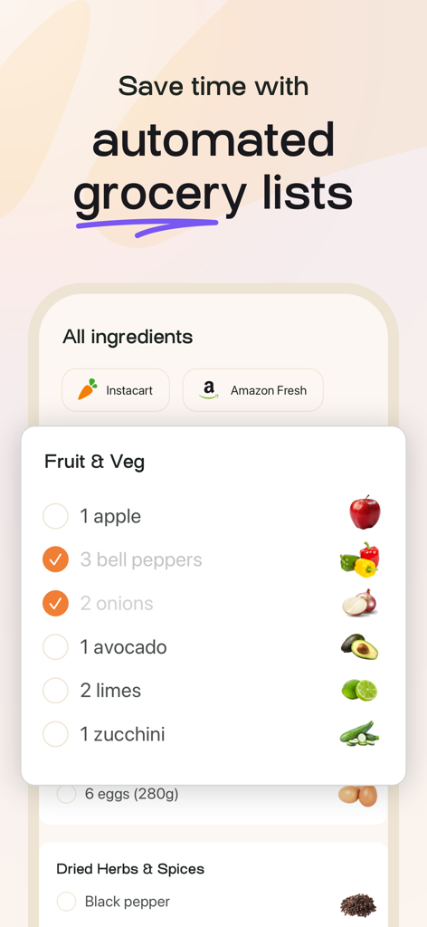A screen from the MealPrepPro app showing an automated grocery list categorized by produce and spices with delivery options like Instacart and Amazon Fresh.