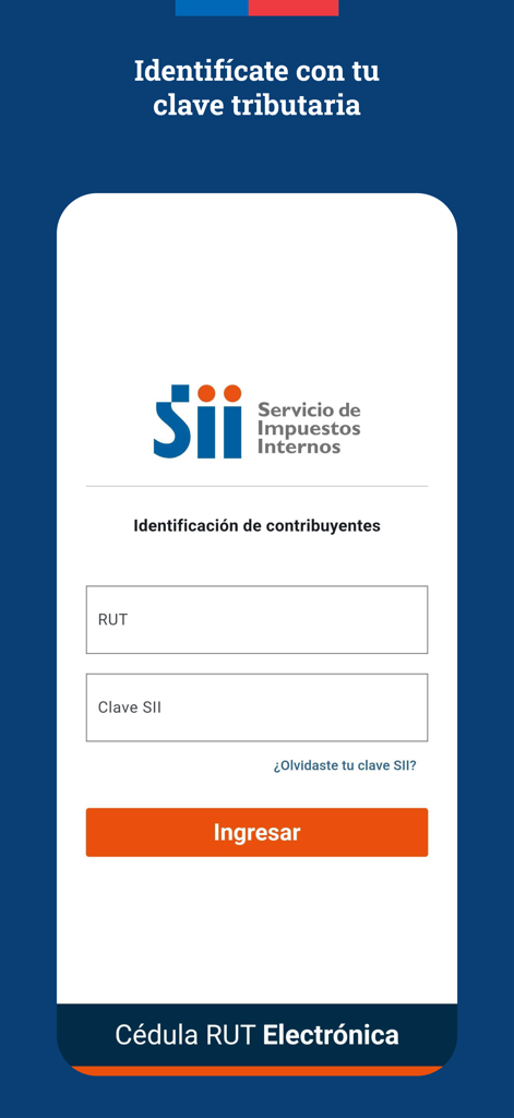 Anmeldebildschirm der chilenischen e-RUT-App für die digitale Steueridentifikation