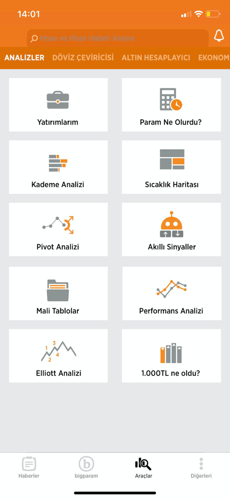 Bigpara - Borsa, Hisse, Altın - Menü für Analysetools in der Bigpara-Finanz-App zur Verfolgung türkischer Aktien und Investitionen.