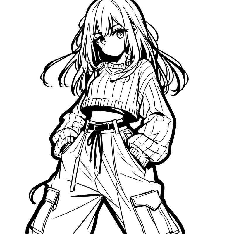 anime teen girl with baggy pants and crop top with sweater