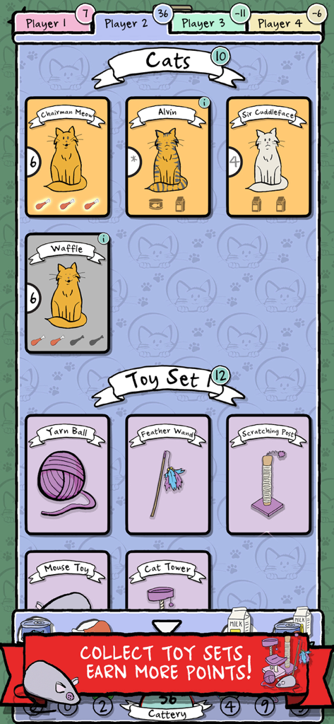 A gameplay screenshot of Cat Lady The Card Game featuring different cat cards and various toy cards like a yarn ball and feather wand to earn points.