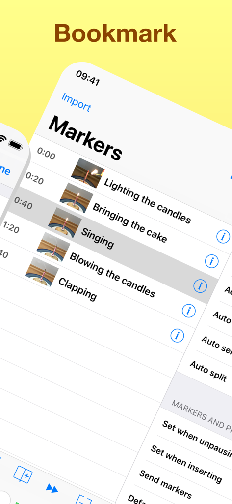 Interface of the Audio Memos app showing time-stamped markers with labels and thumbnails for an audio file.