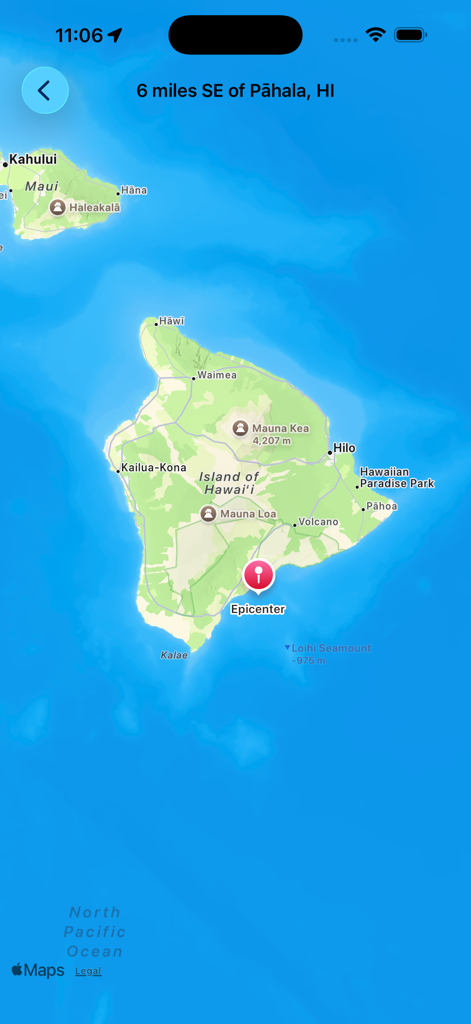 A live earthquake map showing the epicenter location 6 miles southeast of Pahala in Hawaii on the Big Island.