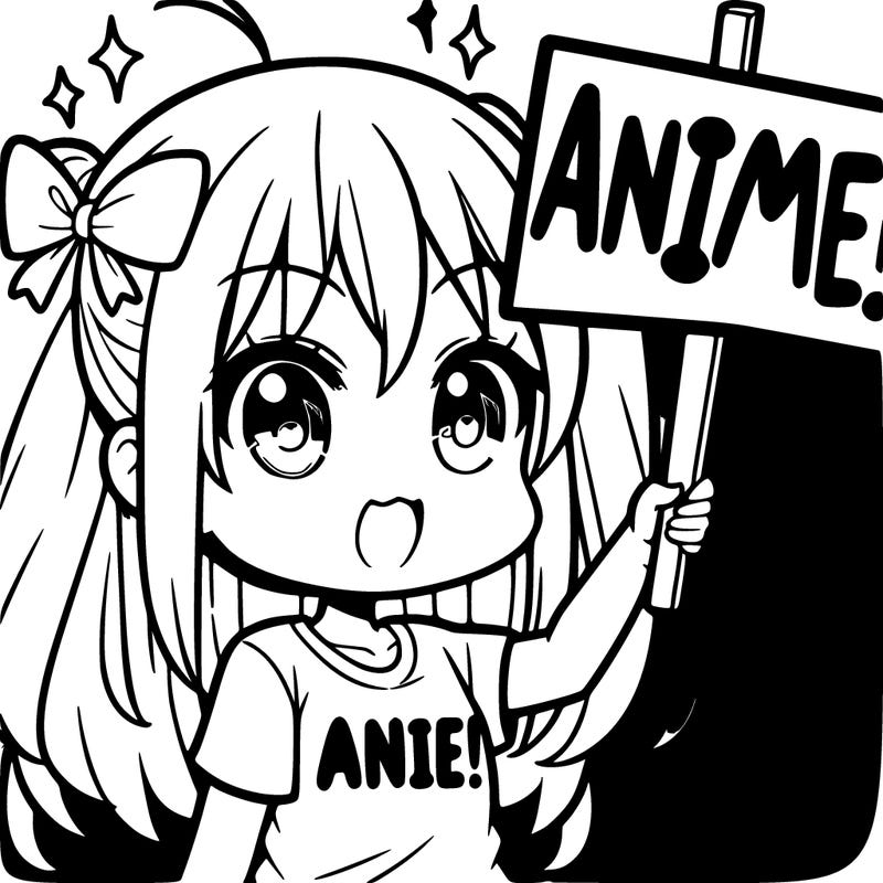 a girl holding a sign saying “ anime! “